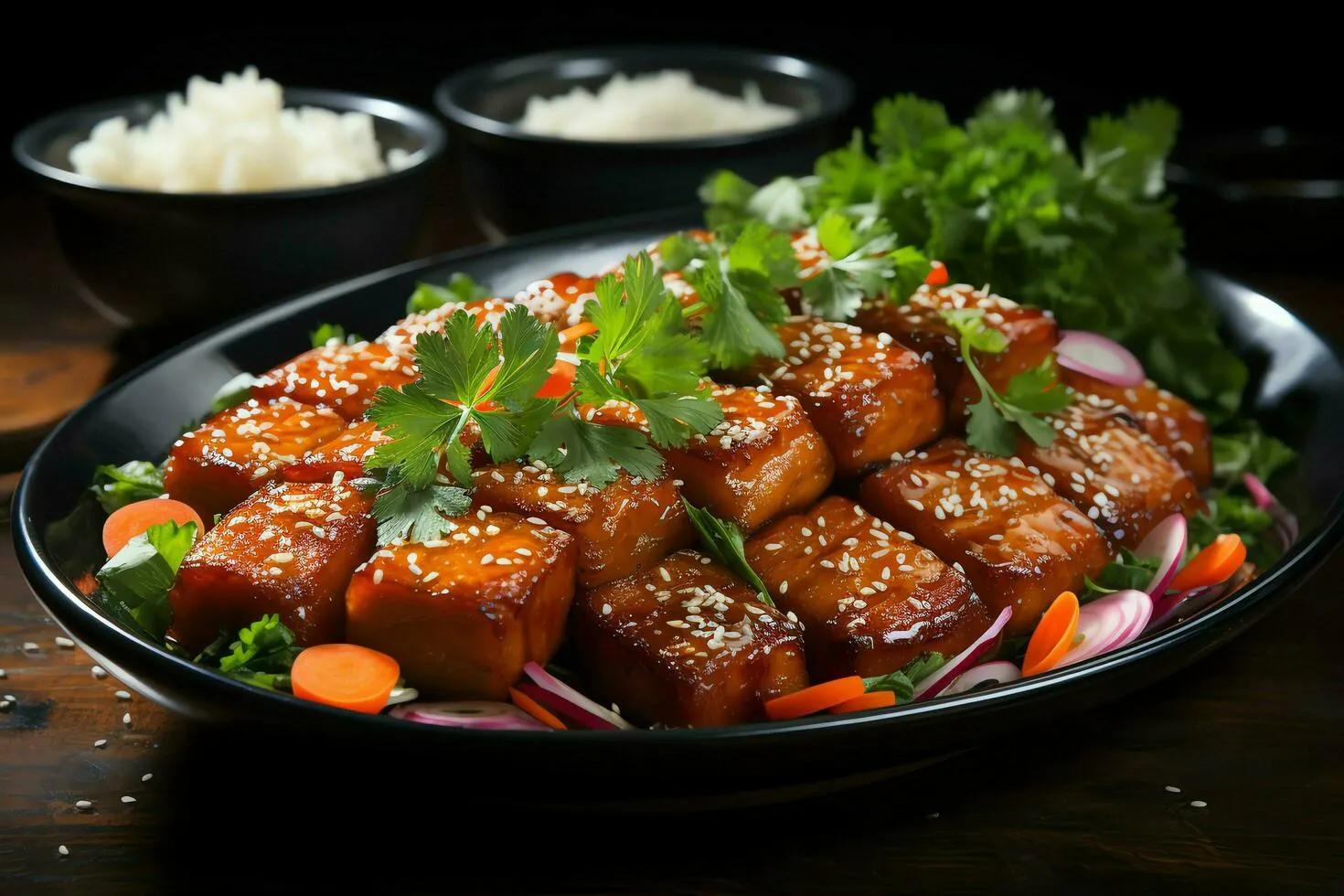 An assortment of delicious asian beef bites.