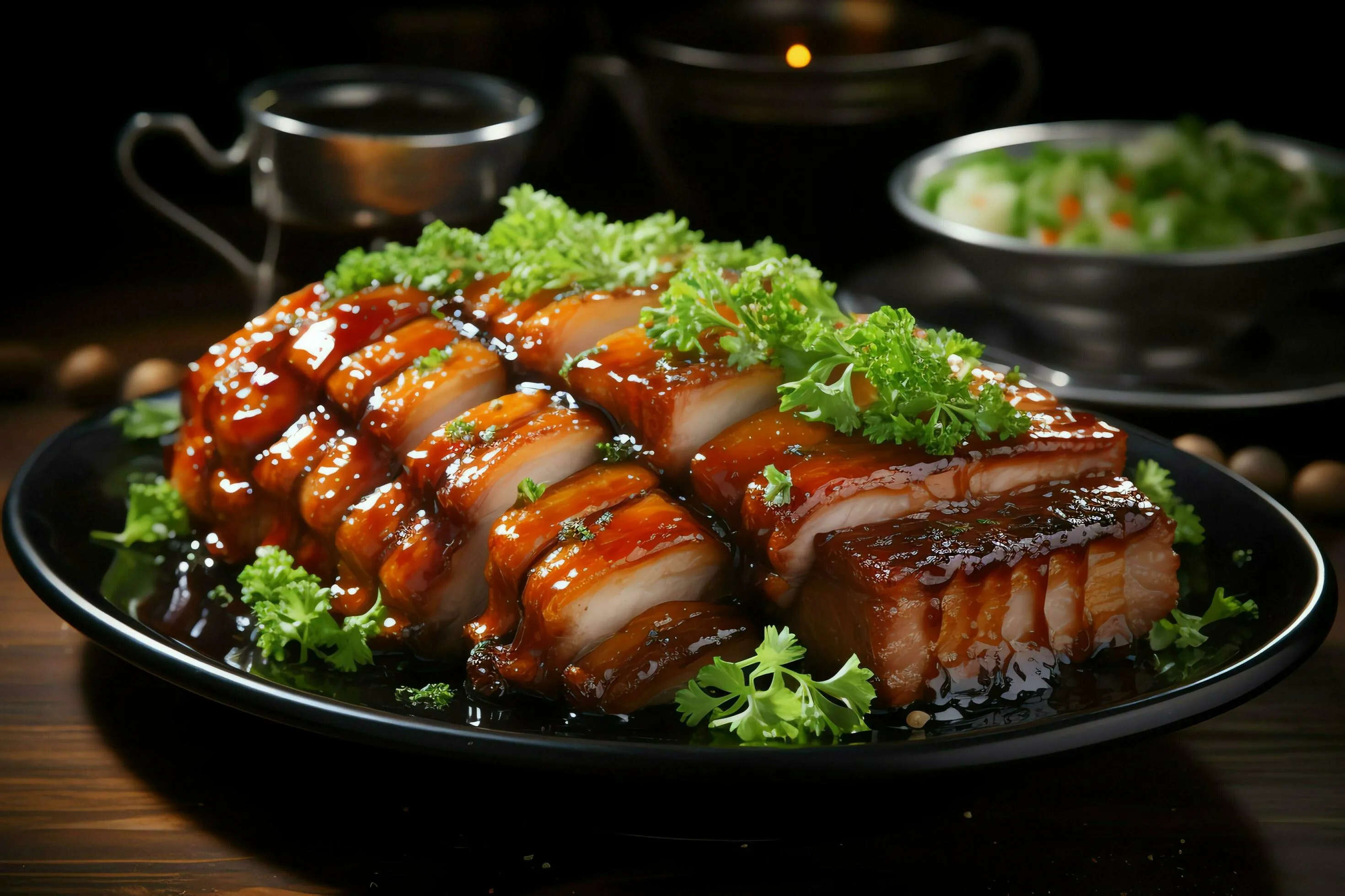 A photo of delicious Korean pork belly served with a savory glaze.